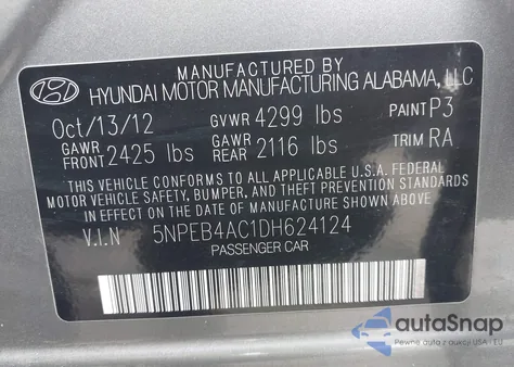 2013 Hyundai Sonata Gls z USA, uszkodzony, nr VIN 5NPEB4AC1DH624124